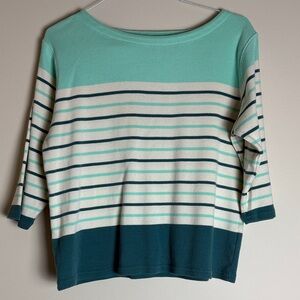 L.L. Bean Women's Green Creme Striped Boatneck 3/4 Sleeve Sweater Size XL